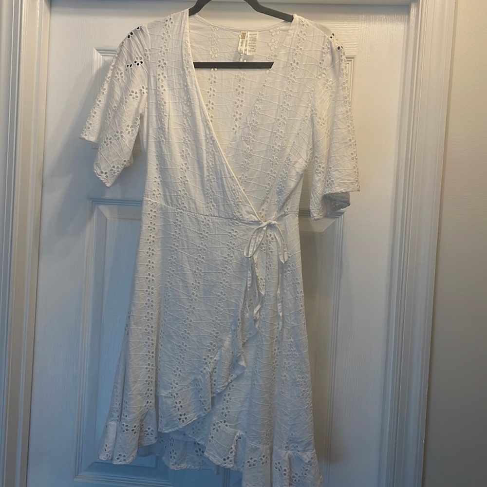 White Wrap Dress with Eyelets, Size Small
